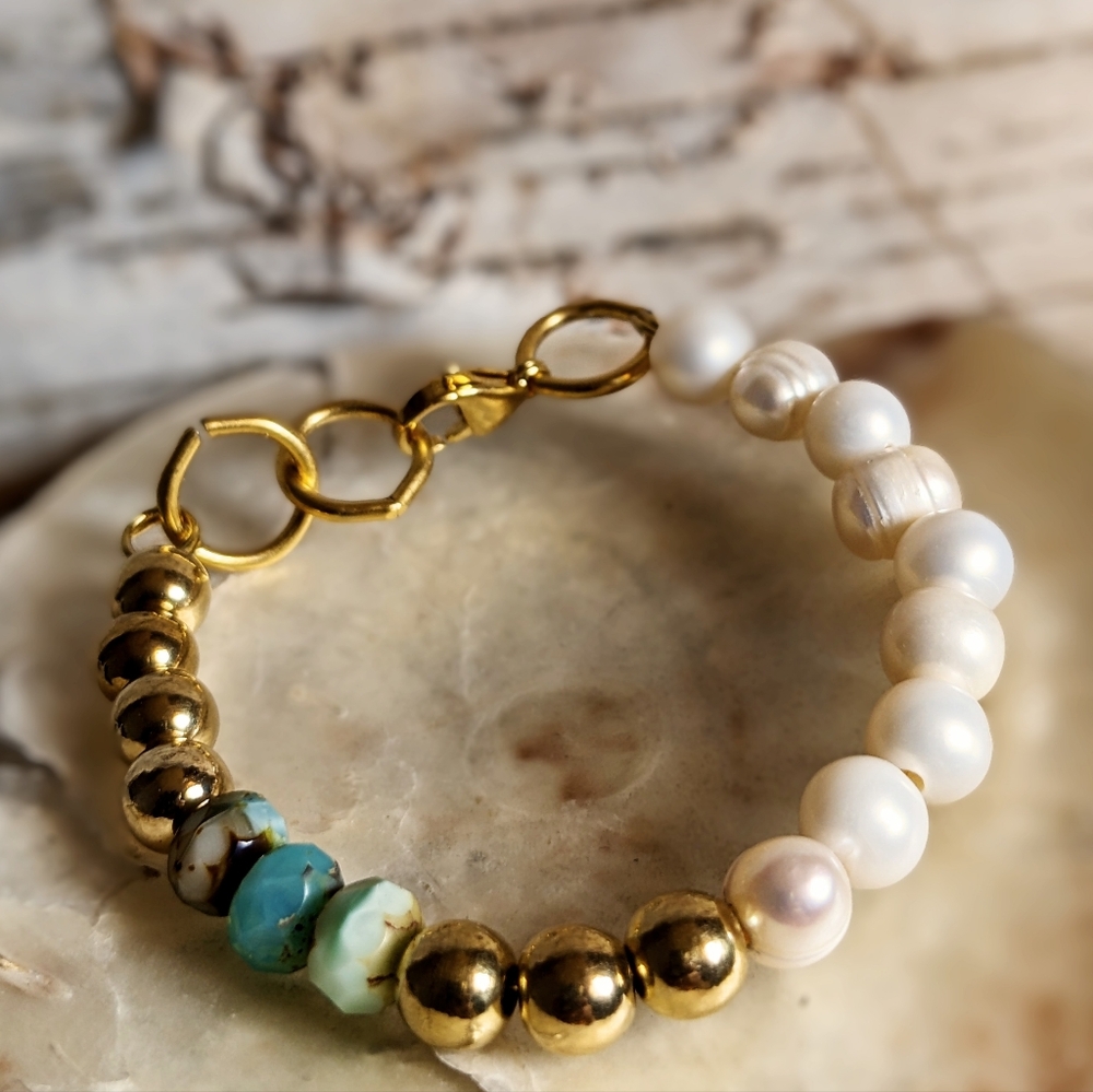Blue Opaline Spearmint And Gold Beads In Assymetrical Freshwater Pearl Bracelet
